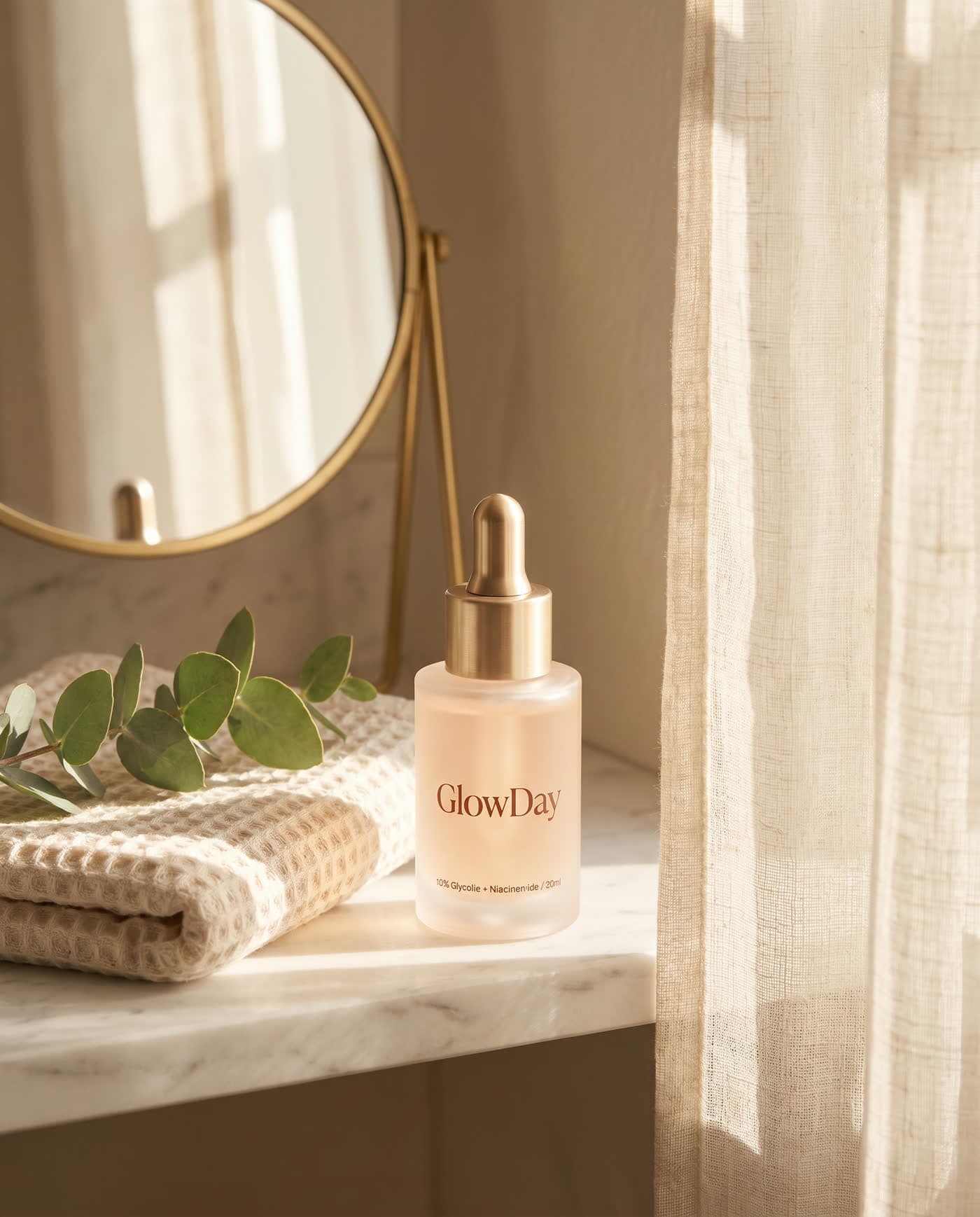 GlowDay product on a sunlit bathroom shelf