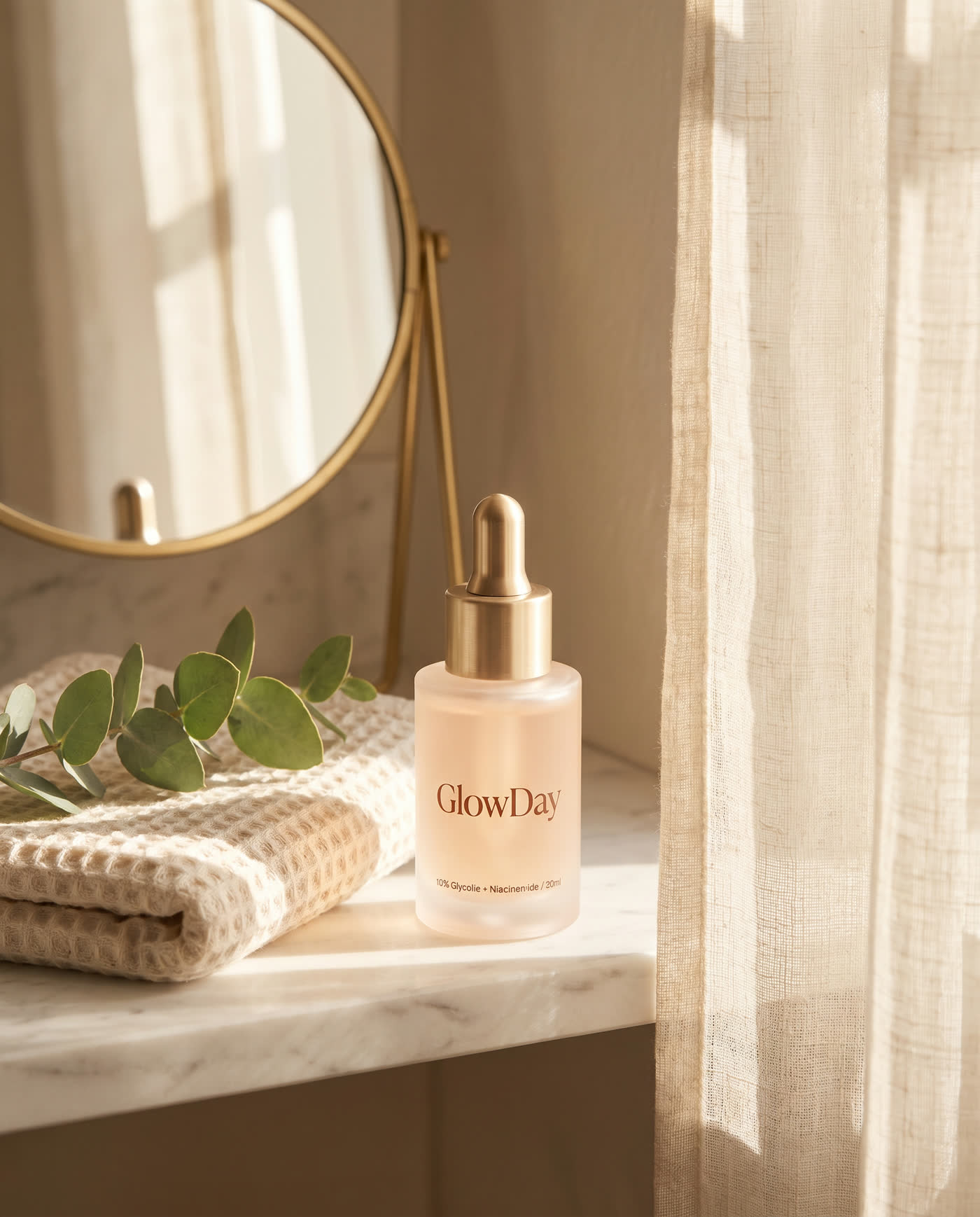 GlowDay product on a sunlit bathroom shelf